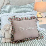 Soft Pink Linen Floral Frill Cushion - Personalise Me