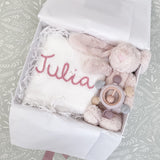 Baby Girl Bunny & White Blanket 3-Piece Gift Set - Personalise Me