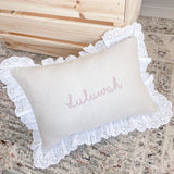 White Frill Linen Nursery Cushion Hand Embroidered  - Personalise Me