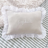 White Frill Linen Nursery Cushion Hand Embroidered  - Personalise Me