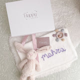 Baby Girl Bunny & White Blanket 3-Piece Gift Set - Personalise Me