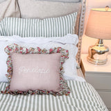 Soft Pink Linen Floral Frill Cushion - Personalise Me